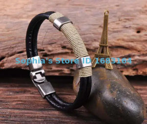 G34 Surfer Double Leather Hemp Mens Bracelet Cuff & Beige