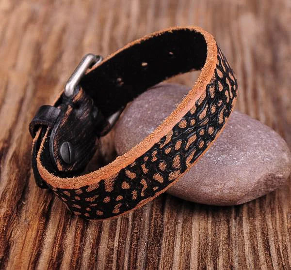 Vintage Textured Leather Wrap Wristband Bracelet Cuff Men's