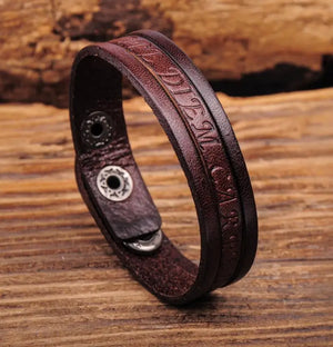Brown Embossed Leather Wristband Cuff Bracelet