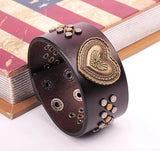 Brown Love Heart Leather Wrap Bracelet Studs Wide Cuff Men's
