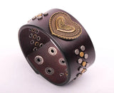 Brown Love Heart Leather Wrap Bracelet Studs Wide Cuff Men's