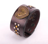 Brown Love Heart Leather Wrap Bracelet Studs Wide Cuff Men's