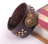 Brown Love Heart Leather Wrap Bracelet Studs Wide Cuff Men's