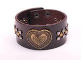 Brown Love Heart Leather Wrap Bracelet Studs Wide Cuff Men's