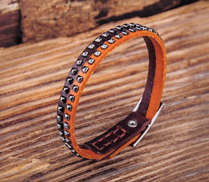 G553 Brown Rock Studded Single Wrap Leather Bracelet Wristband