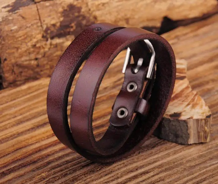 Dark Brown Double Wrap Leather Buckle Bracelet