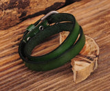 Green Biker Rock Double Wrap Leather Bracelet Cuff