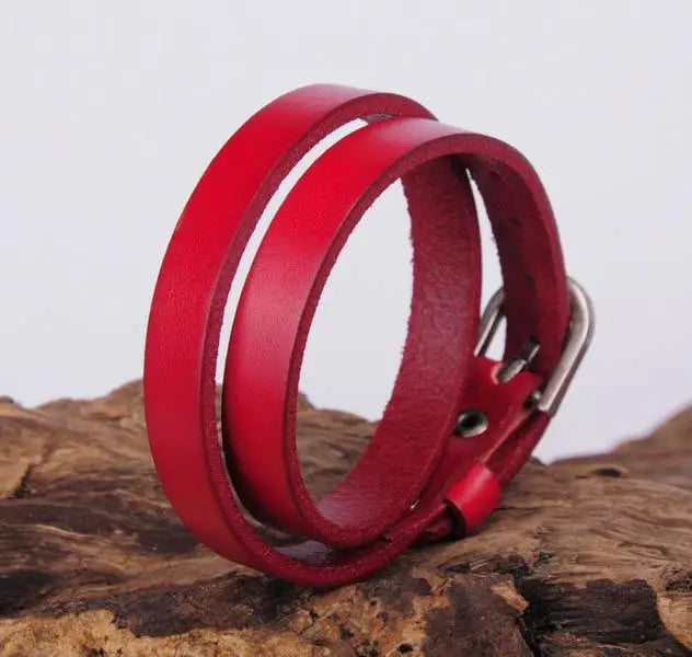 Red Biker Rock Double Wrap Leather Cuff Bracelet