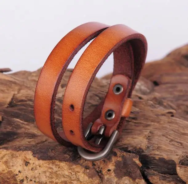 Tan Brown Biker Rock Classic Double Wrap Leather Cowhide Bracelet