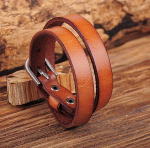 Tan Brown Biker Rock Classic Double Wrap Leather Cowhide Bracelet
