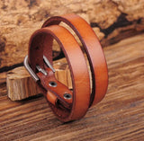 Tan Brown Biker Rock Classic Double Wrap Leather Cowhide Bracelet