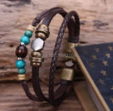 G77 Ethnic Wood Beads Hemp Leather Bracelet Cuff