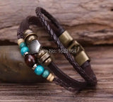 G77 Ethnic Wood Beads Hemp Leather Bracelet Cuff