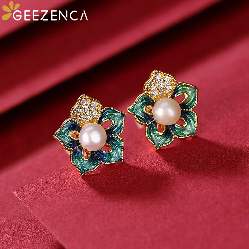 925 Silver Cloisonne Pearl Earrings Enamel Stud Vintage Ethnic