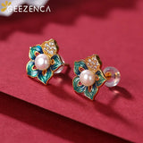 925 Silver Cloisonne Pearl Earrings Enamel Stud Vintage Ethnic