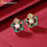 925 Silver Cloisonne Pearl Earrings Enamel Stud Vintage Ethnic