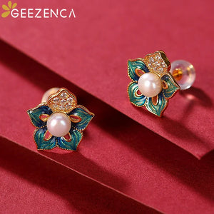 925 Silver Cloisonne Pearl Earrings Enamel Stud Vintage Ethnic