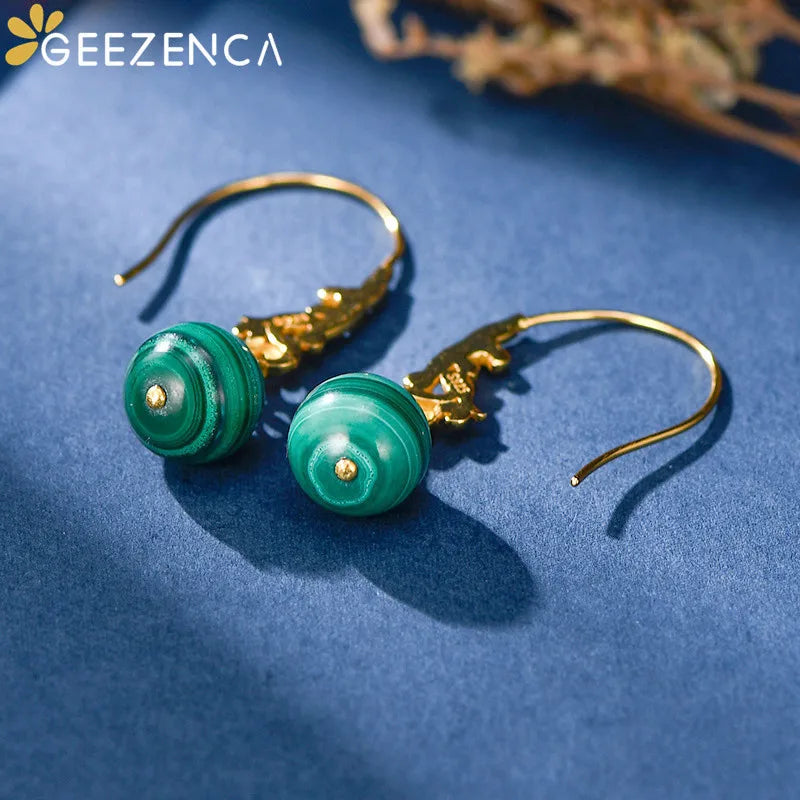 Malachite 925 Silver Plated Peacock Hook Earrings Vintage Ethnic