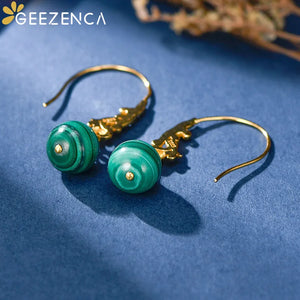 Malachite 925 Silver Plated Peacock Hook Earrings Vintage Ethnic