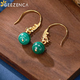 Malachite 925 Silver Plated Peacock Hook Earrings Vintage Ethnic