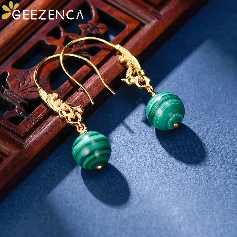 Malachite 925 Silver Plated Peacock Hook Earrings Vintage Ethnic