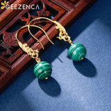 Malachite 925 Silver Plated Peacock Hook Earrings Vintage Ethnic