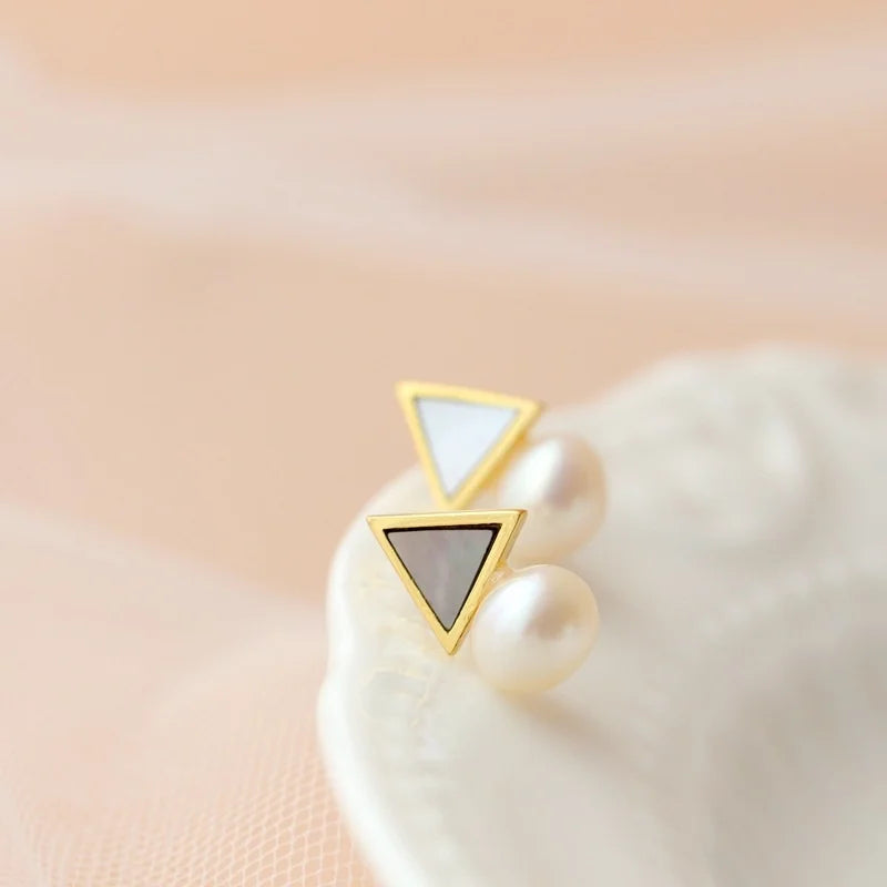 925 Silver Plated Triangle Geometric Earrings with Natural Freshwater Pearls