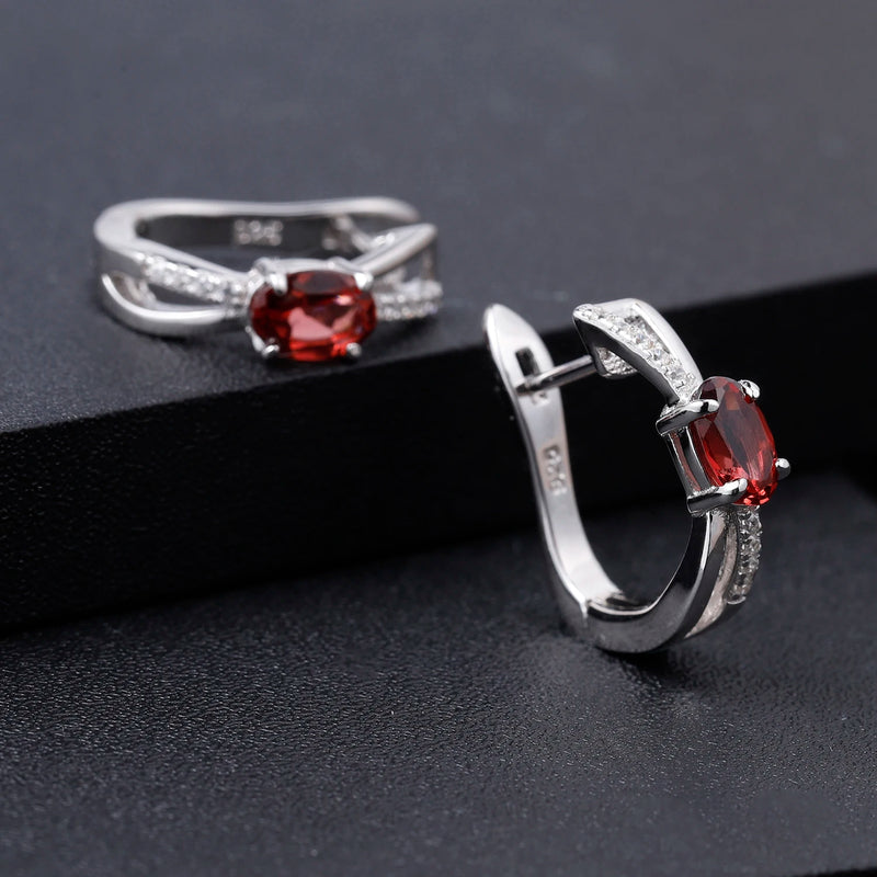 Red Garnet Clip Earrings 1.14Ct 925 Silver Oval Gemstone Fine Jewelry