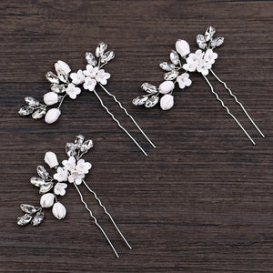 Bride Wedding Crystal Leaf Flower Hair Pins Hair Sticks Women Bridal Veil Jewelr