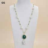GG Jewelry Rice Pearl Green Crystal Necklace Keshi Pearl Pendant