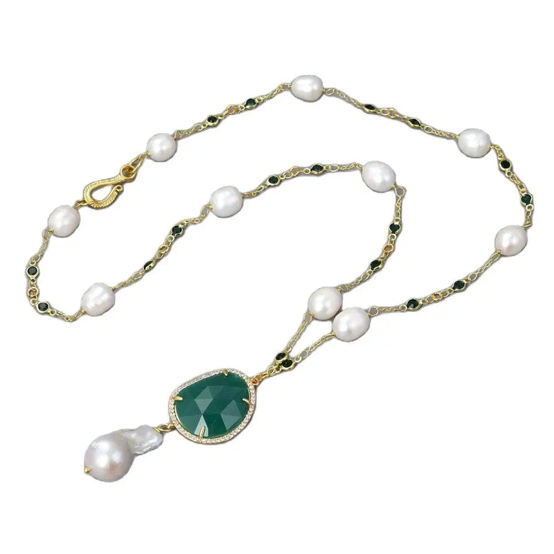 GG Jewelry Rice Pearl Green Crystal Necklace Keshi Pearl Pendant