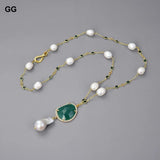 GG Jewelry Rice Pearl Green Crystal Necklace Keshi Pearl Pendant