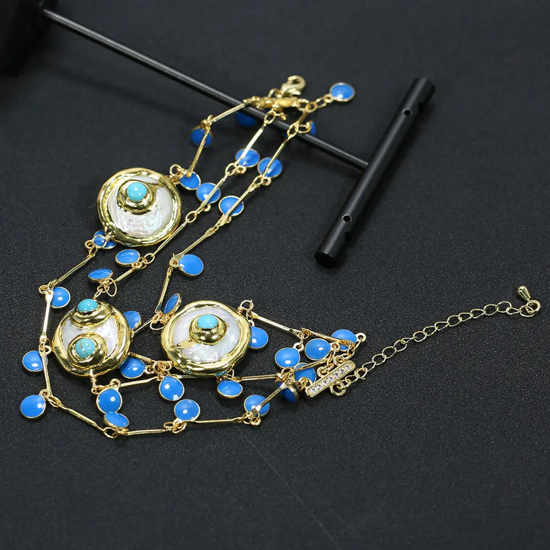 GG Jewelry 3 Rows Keshi Coin Pearl Golden Turquoise Enamel Chain Bracelet