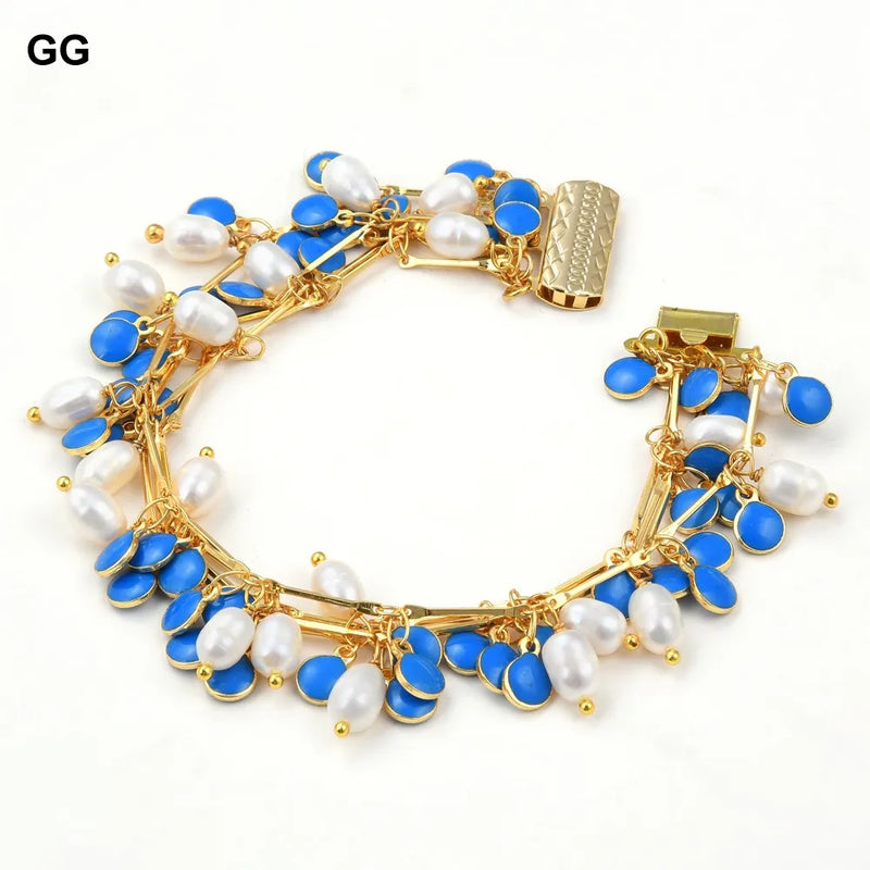 GG 4 Rows Rice Natural Pearl Enamel Chain Bracelet For Women