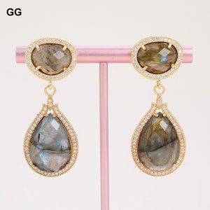 Labradorite Shimmer Stone Stud Earrings with CZ Fitting