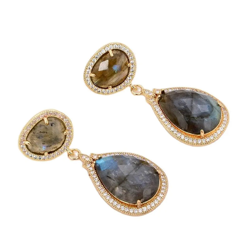 Labradorite Shimmer Stone Stud Earrings with CZ Fitting