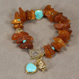 Natural Amber Rough Turquoise Heart Beads Bracelet 8''