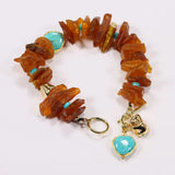 Natural Amber Rough Turquoise Heart Beads Bracelet 8''