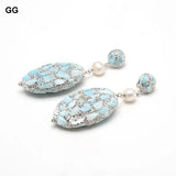 Natural Larimar Silver Rhinestone Pave Oval Cultured Round Pearl Stud Earrings