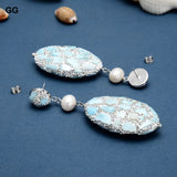 Natural Larimar Silver Rhinestone Pave Oval Cultured Round Pearl Stud Earrings