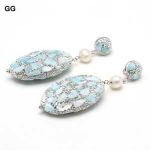 Natural Larimar Silver Rhinestone Pave Oval Cultured Round Pearl Stud Earrings