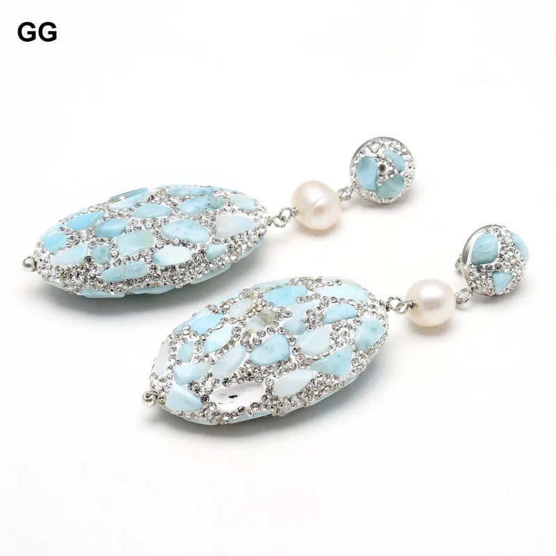 Natural Larimar Silver Rhinestone Pave Oval Cultured Round Pearl Stud Earrings