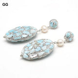 Natural Larimar Silver Rhinestone Pave Oval Cultured Round Pearl Stud Earrings