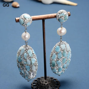 Natural Larimar Silver Rhinestone Pave Oval Cultured Round Pearl Stud Earrings