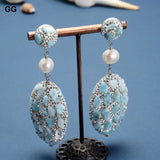 Natural Larimar Silver Rhinestone Pave Oval Cultured Round Pearl Stud Earrings