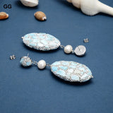 Natural Larimar Silver Rhinestone Pave Oval Cultured Round Pearl Stud Earrings