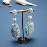 Natural Larimar Silver Rhinestone Pave Oval Cultured Round Pearl Stud Earrings