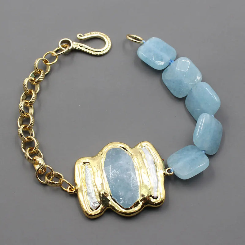 GG Jewelry Pearl Aquamarine Jade Biwa Pearl Chain Bracelet