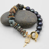Freshwater Pearl Green Turquoises Bracelet CZ Pendant