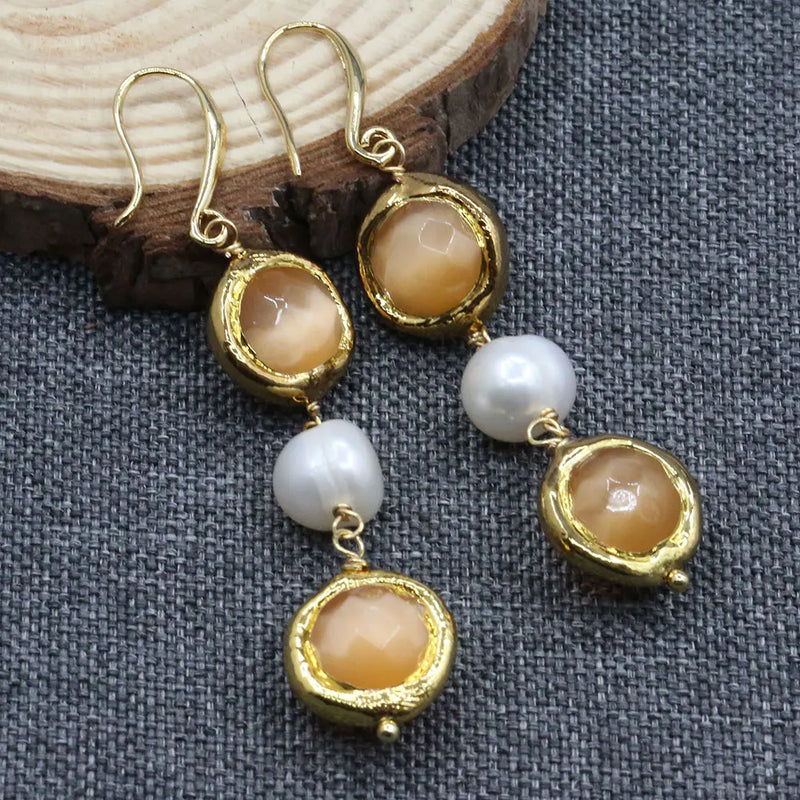 Freshwater Keshi Pearl Cat eye Dangle Hook Earrings